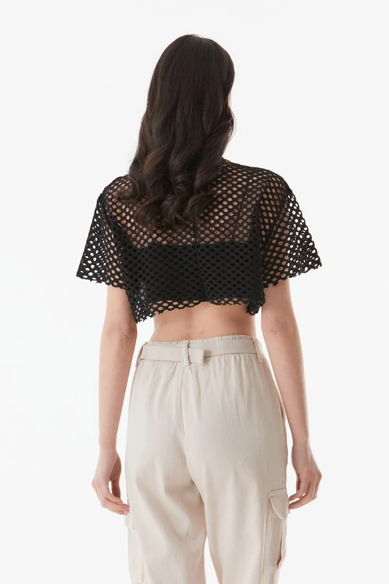 FullaModa Printed Openwork Knitwear Crop Blouse