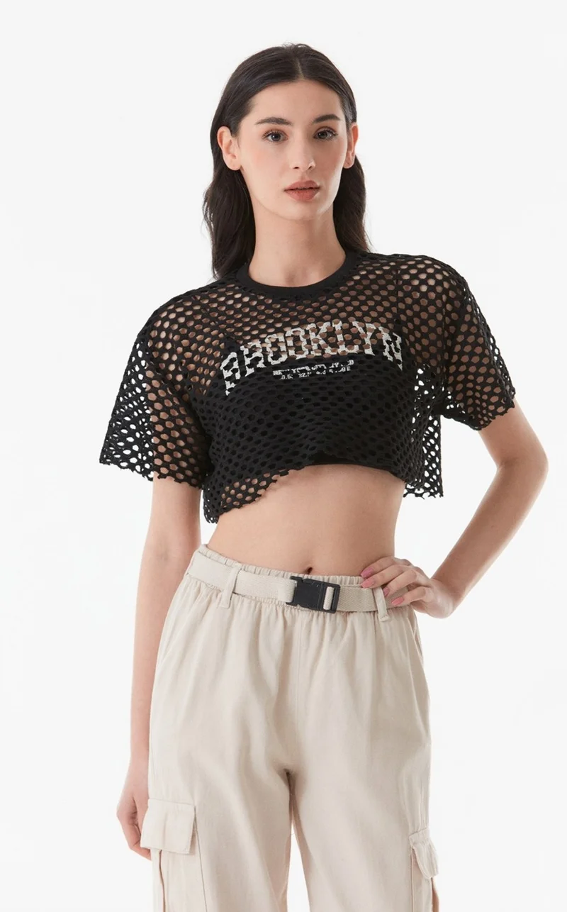 FullaModa Printed Openwork Knitwear Crop Blouse