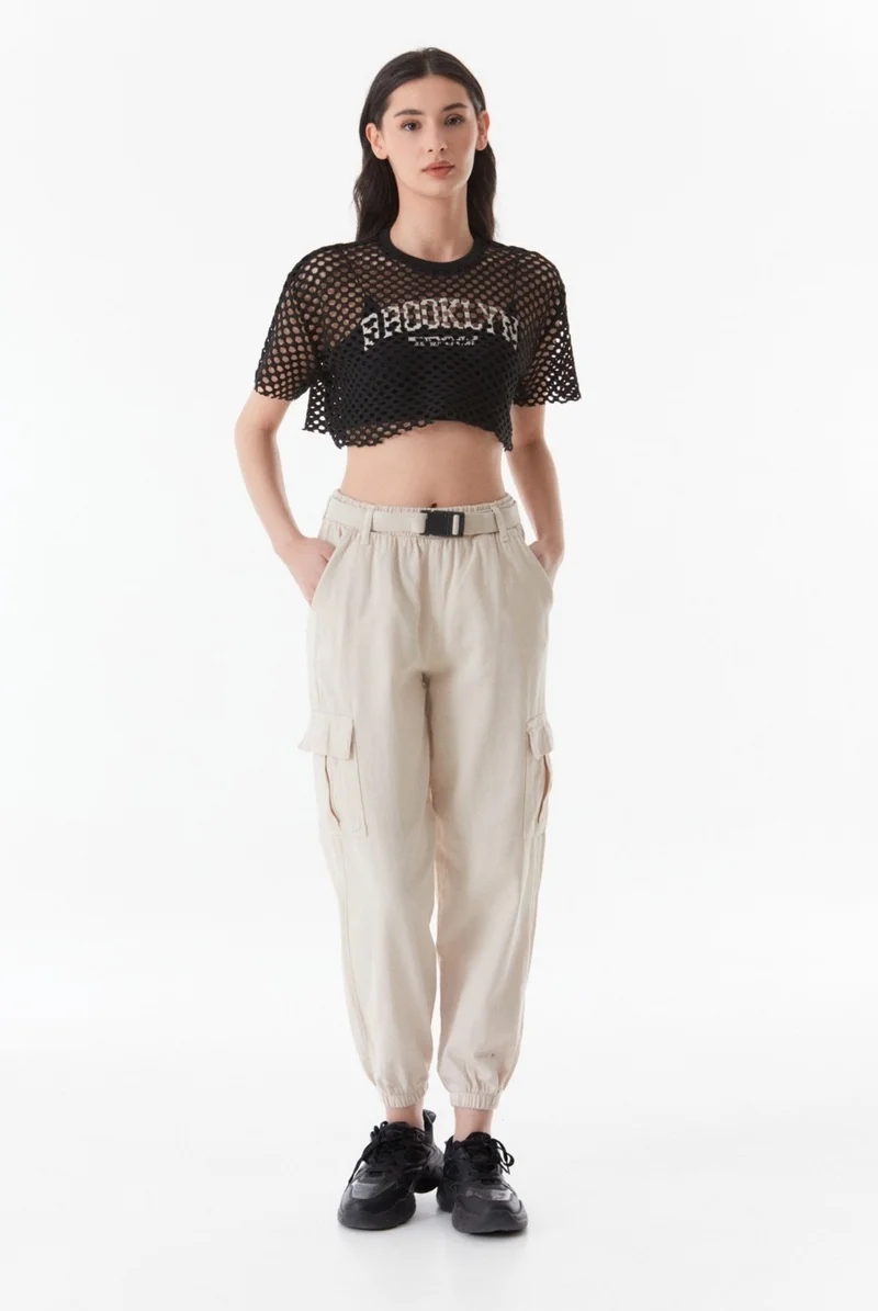 FullaModa Printed Openwork Knitwear Crop Blouse