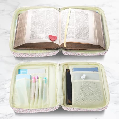 WOBAGMEN Bible Cover Case for Women,Large Bible Tote Bags Organizer Quilted Carrying Case for Girls,Bible Study Supplies Accessories Christian Gifts for Women (Pink Floral, L) - Image 4