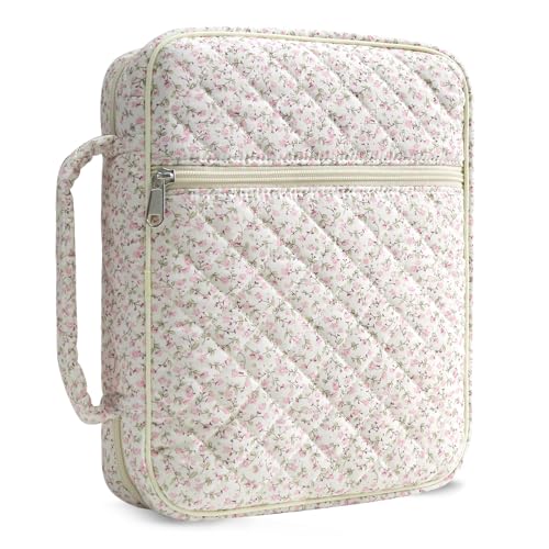 WOBAGMEN Bible Cover Case for Women,Large Bible Tote Bags Organizer Quilted Carrying Case for Girls,Bible Study Supplies Accessories Christian Gifts for Women (Pink Floral, L) - Image 1