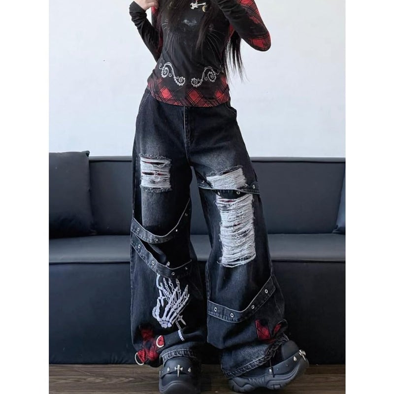 KSDDC Y2K Ripped Grunge Baggy Jeans Pants Emo Women Goth Straight Leg Pants High Waist Alt 2000s Trousers Clothes (Black,Small) - Image 5