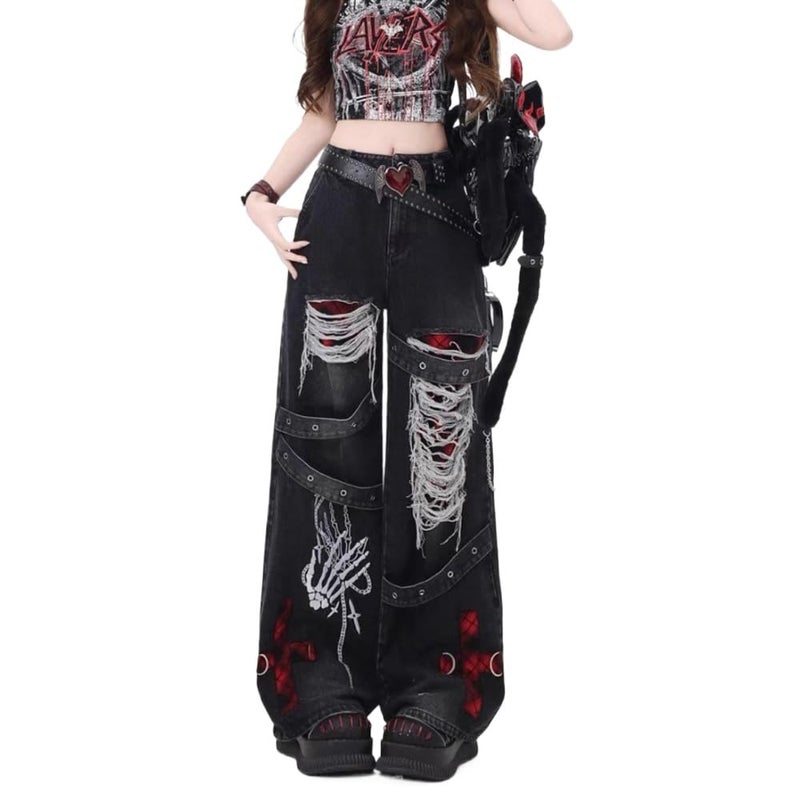 KSDDC Y2K Ripped Grunge Baggy Jeans Pants Emo Women Goth Straight Leg Pants High Waist Alt 2000s Trousers Clothes (Black,Small) - Image 1