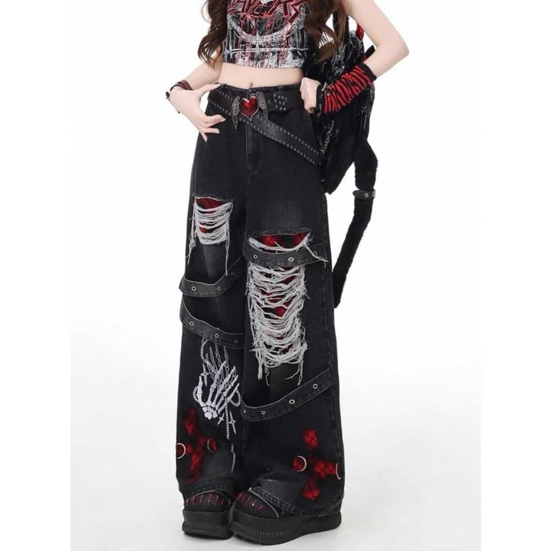 KSDDC Y2K Ripped Grunge Baggy Jeans Pants Emo Women Goth Straight Leg Pants High Waist Alt 2000s Trousers Clothes (Black,Small) - Image 2