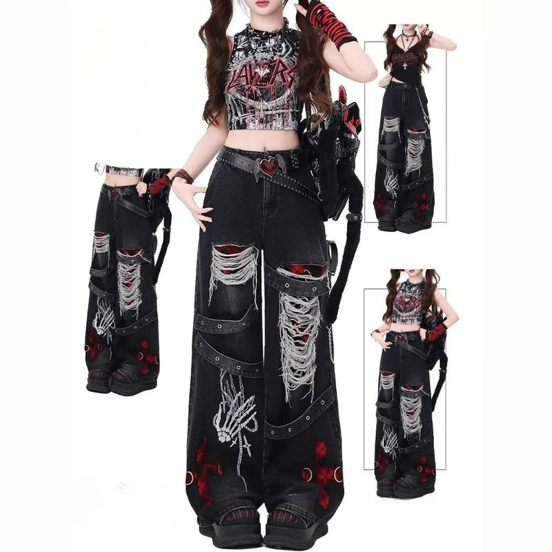 KSDDC Y2K Ripped Grunge Baggy Jeans Pants Emo Women Goth Straight Leg Pants High Waist Alt 2000s Trousers Clothes (Black,Small) - Image 4