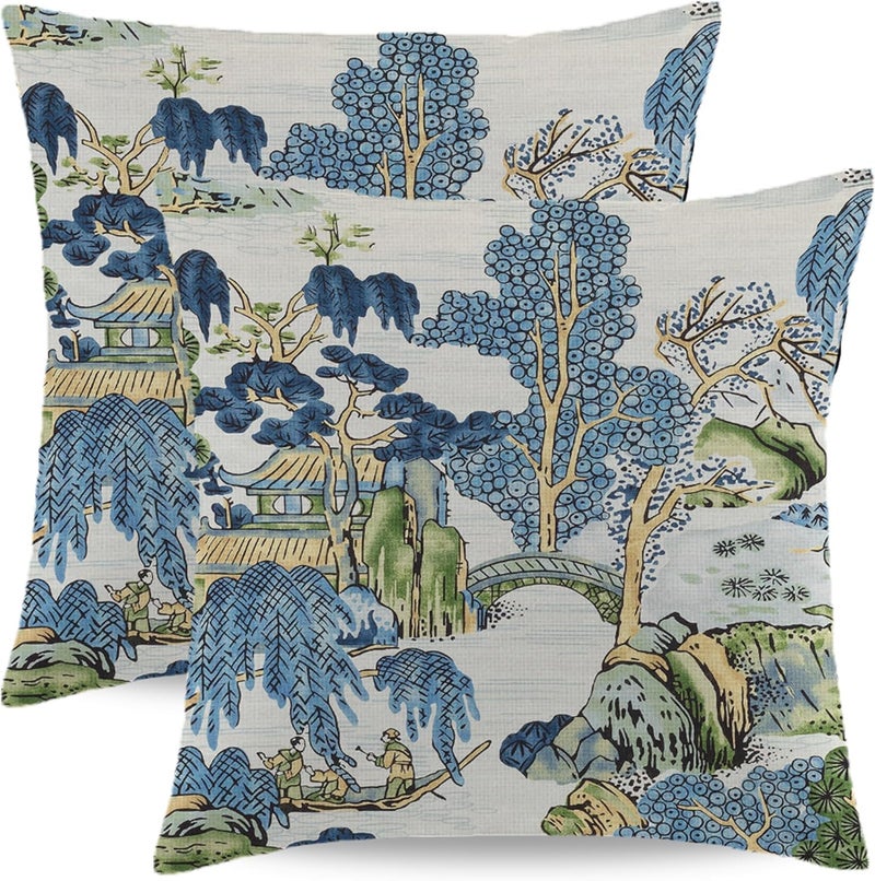 HYZUIMEI Chinoiserie Throw Pillow Covers 18 x 18 Inch Set of 2 Vintage Blue and Green Farmhouse Decorative Cushion Cover Asian Scenic Linen Pillow Case for Bedroom Bed Outdoor Car Couch Sofa