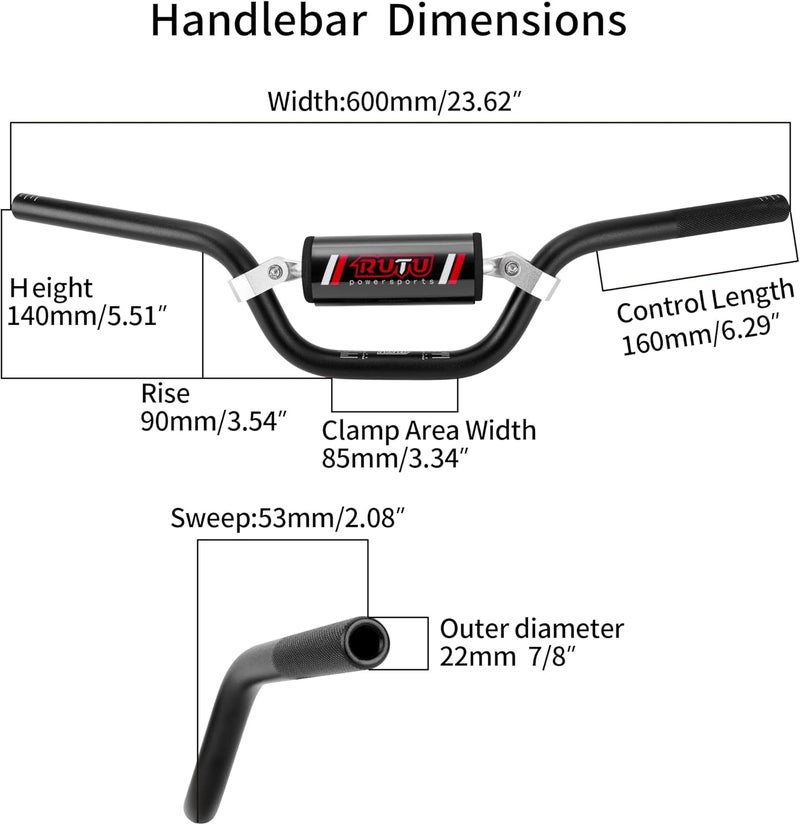 RUTU Heavy Duty 7/8 inch Handlebar with Crossbar Pad for Kids Dirt Bikes and ATVs - Black - Image 2