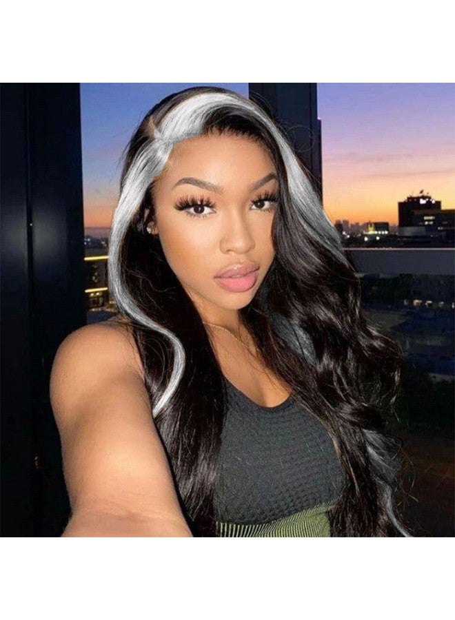 YOROSTAR 28 Long Wavy Wigs For Black Women Skunk Stripe Body Wave Wig Highlighted Synthetic Lace Wigs Black With White Wig Streaks Wig Curly Wavy Side Part Wig For Daily Party Use(Natural Color/White) - Image 1