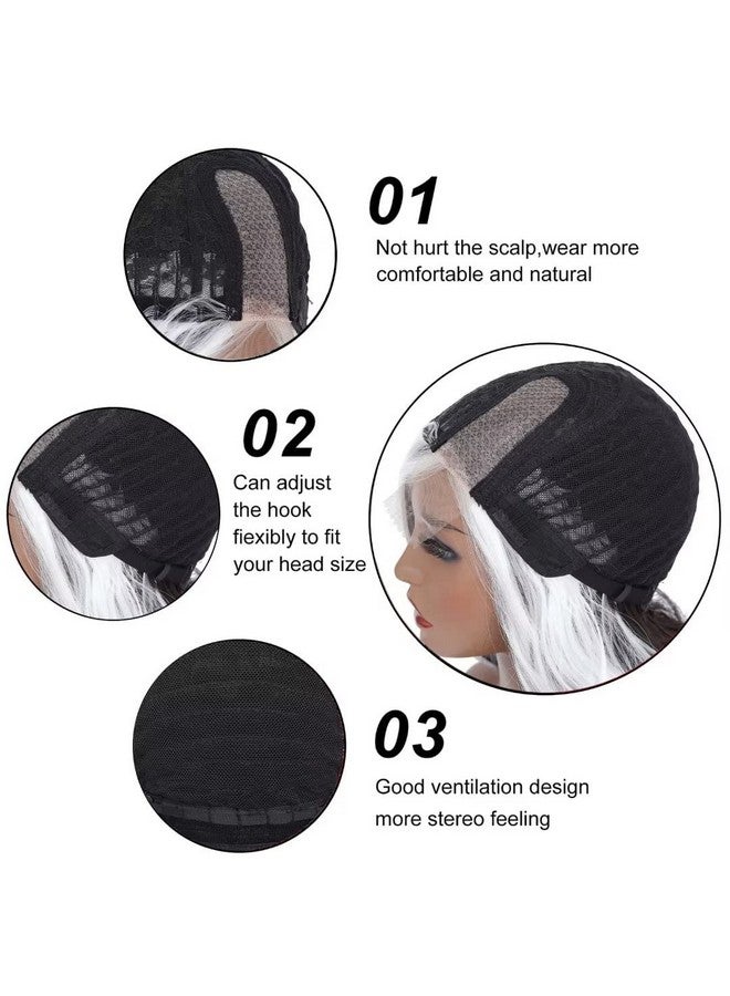 YOROSTAR 28 Long Wavy Wigs For Black Women Skunk Stripe Body Wave Wig Highlighted Synthetic Lace Wigs Black With White Wig Streaks Wig Curly Wavy Side Part Wig For Daily Party Use(Natural Color/White) - Image 4
