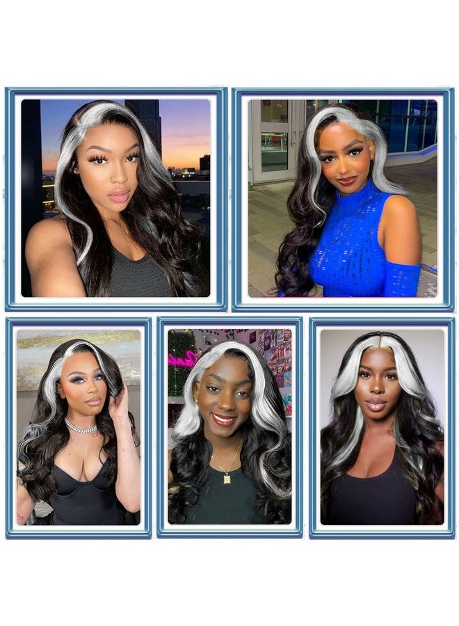 YOROSTAR 28 Long Wavy Wigs For Black Women Skunk Stripe Body Wave Wig Highlighted Synthetic Lace Wigs Black With White Wig Streaks Wig Curly Wavy Side Part Wig For Daily Party Use(Natural Color/White) - Image 2