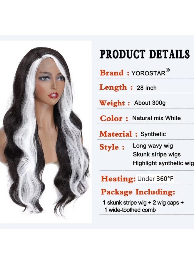 YOROSTAR 28 Long Wavy Wigs For Black Women Skunk Stripe Body Wave Wig Highlighted Synthetic Lace Wigs Black With White Wig Streaks Wig Curly Wavy Side Part Wig For Daily Party Use(Natural Color/White) - Image 3