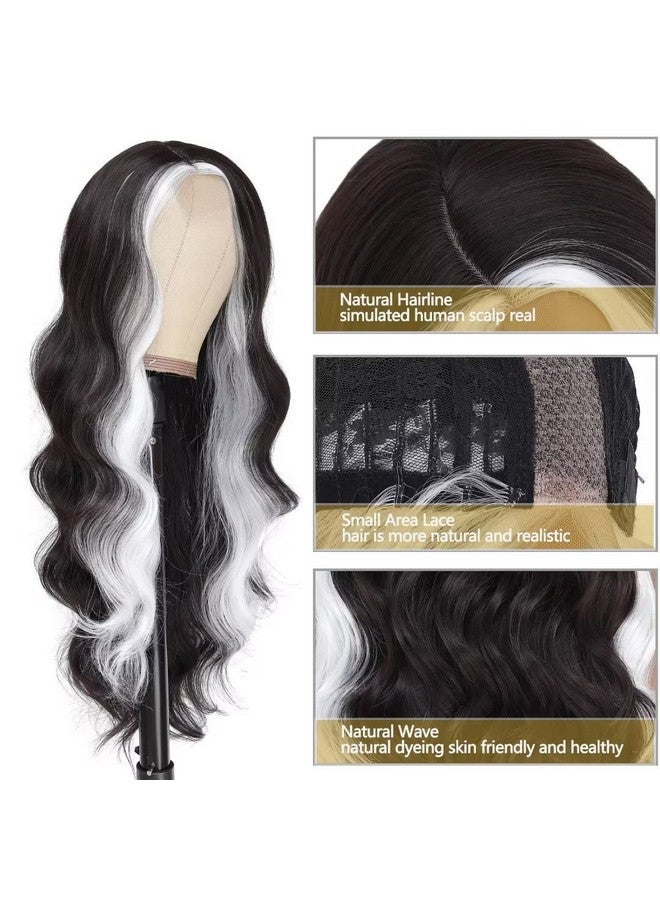 YOROSTAR 28 Long Wavy Wigs For Black Women Skunk Stripe Body Wave Wig Highlighted Synthetic Lace Wigs Black With White Wig Streaks Wig Curly Wavy Side Part Wig For Daily Party Use(Natural Color/White) - Image 5