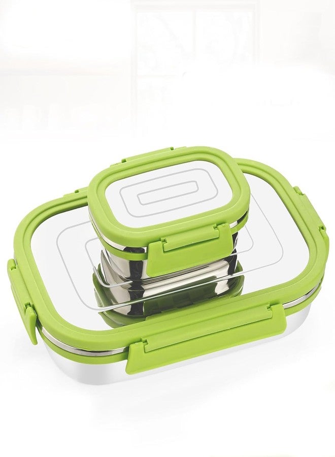 EDBIRET Stainless Steel Lunch Box Set with 2 Containers, 900ml + 200ml Capacity, BPA-Free Food Grade Plastic, Leak Proof Airtight, 21.5cm x 15cm (Green) - Image 1