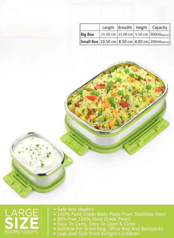 EDBIRET Stainless Steel Lunch Box Set with 2 Containers, 900ml + 200ml Capacity, BPA-Free Food Grade Plastic, Leak Proof Airtight, 21.5cm x 15cm (Green) - Image 4
