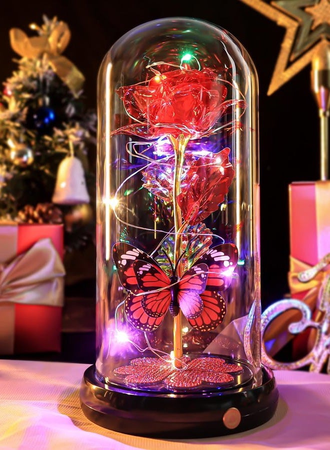 Pusuny Christmas Rose Gifts for Women, Gift for Birthday Rechargeable Galaxy Glass Rose Light Up Roses In Glass Dome Forever Crystal Flowers Butterfly Xmas Gifts for Women Mom Grandma Sister Her Wife Red - Image 1