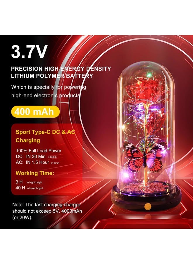 Pusuny Christmas Rose Gifts for Women, Gift for Birthday Rechargeable Galaxy Glass Rose Light Up Roses In Glass Dome Forever Crystal Flowers Butterfly Xmas Gifts for Women Mom Grandma Sister Her Wife Red - Image 2
