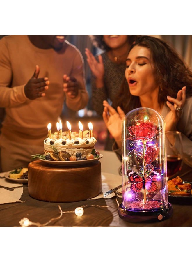 Pusuny Christmas Rose Gifts for Women, Gift for Birthday Rechargeable Galaxy Glass Rose Light Up Roses In Glass Dome Forever Crystal Flowers Butterfly Xmas Gifts for Women Mom Grandma Sister Her Wife Red - Image 5