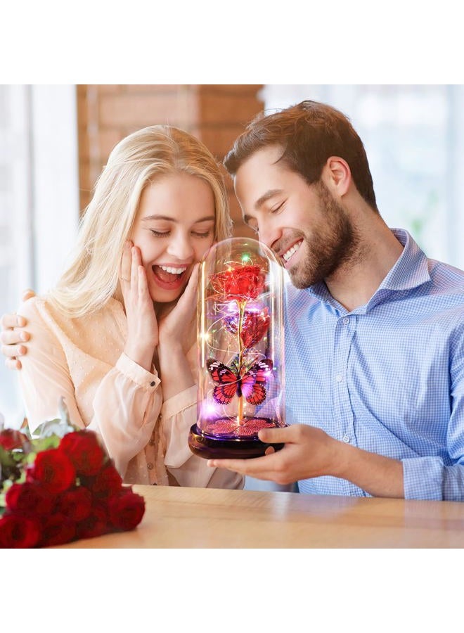 Pusuny Christmas Rose Gifts for Women, Gift for Birthday Rechargeable Galaxy Glass Rose Light Up Roses In Glass Dome Forever Crystal Flowers Butterfly Xmas Gifts for Women Mom Grandma Sister Her Wife Red - Image 4