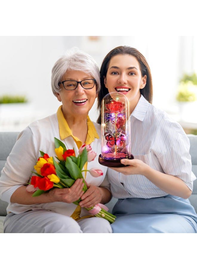 Pusuny Christmas Rose Gifts for Women, Gift for Birthday Rechargeable Galaxy Glass Rose Light Up Roses In Glass Dome Forever Crystal Flowers Butterfly Xmas Gifts for Women Mom Grandma Sister Her Wife Red - Image 3