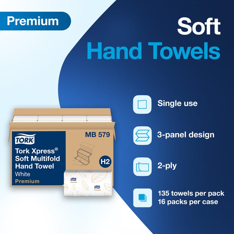 Tork Soft Xpress Multifold Paper Hand Towels White, H2 System Compatible 16 Packs X 135 Towels Each (MB579) - Image 2