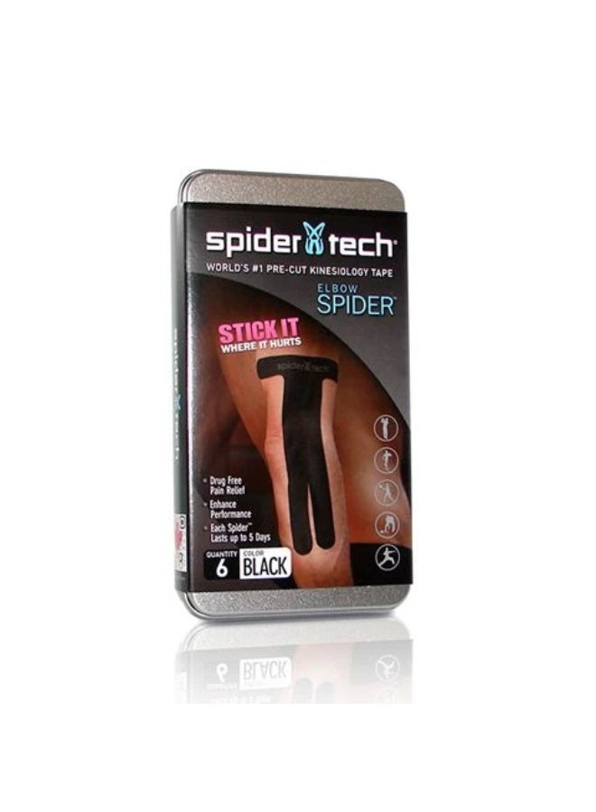 Spidertech Kinesiology Tape. Precut Elbow - 6 Pack Tin-Black - Image 1