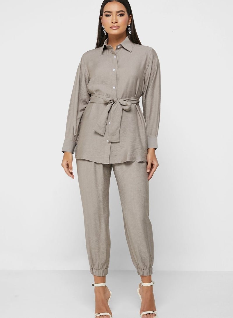 hayas closet Belted Button Down Shirt & Pants Set - Image 1
