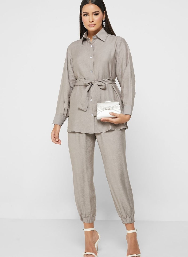 hayas closet Belted Button Down Shirt & Pants Set - Image 5