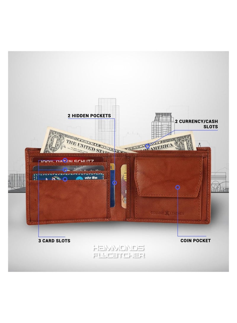 HAMMONDS FLYCATCHER Genuine Leather Wallet for Men - RFID Protected Leather Purse for Men, Money Purse for Men, Bi-Fold Wallet - 6 Card Slots, 1 Card Case, Coin Pocket, Hidden Pockets - Antique Tan