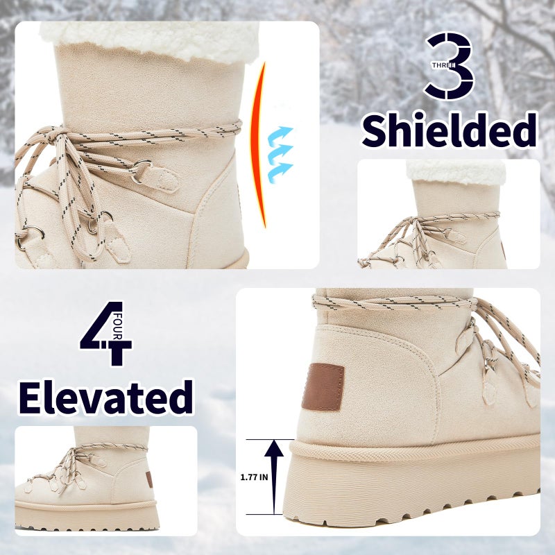 TUOPIN Women's Classic Platform Mini Snow Boots - Faux Suede Slip-On & Lace-Up Winter Booties with Sherpa Lining, Anti-Slip Thick Sole Ankle Boots - Beige.US10 - Image 4