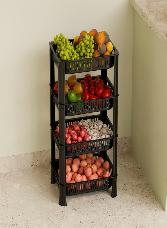 Morbrix Multipurpose Plastic Vegetable & Fruit Storage Rack for Kitchen | 4-Tier Stackable Organizer Shelf Stand | Space-Saving Basket for Home, Office, Pantry - Black - Image 1