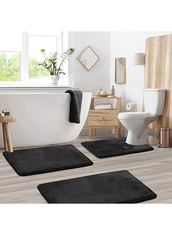 Bathroom Rug Sets, 3 Piece Non Slip Absorbent Ultra Soft Cozy Velvet Bathroom Mat Memory Foam Bath Mat, Easy Wash and Dry, Machine Washable, Bath Rugs for Tub Shower and Bath Room (Black) - Image 2