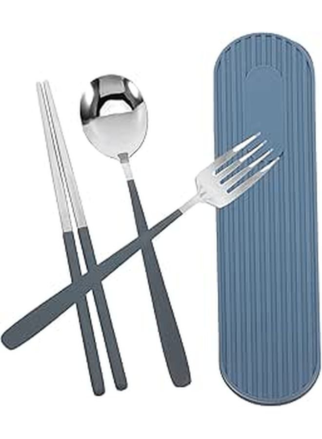Portable Stainless Steel Utensil Set Fork Spoon Chopsticks Blue Travel Case - Image 1