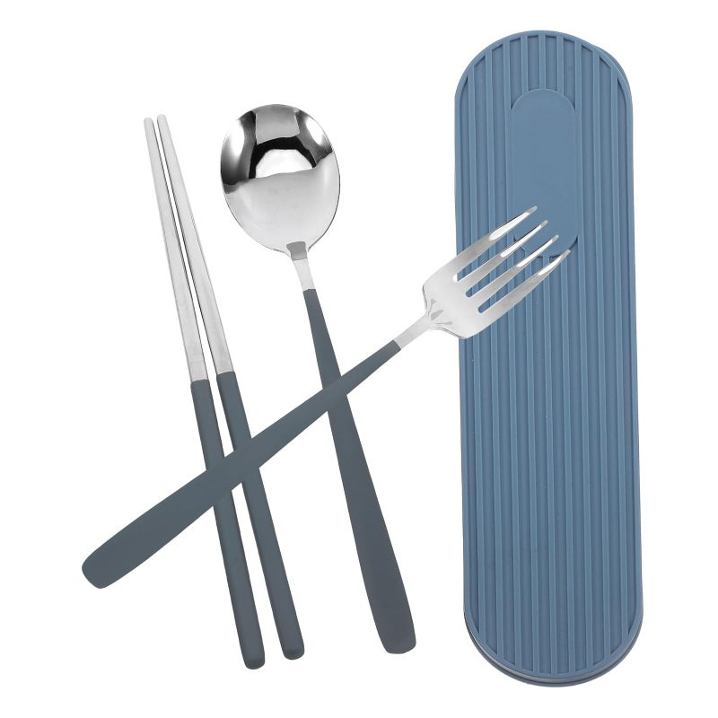 Portable Stainless Steel Utensil Set Fork Spoon Chopsticks Blue Travel Case - Image 2