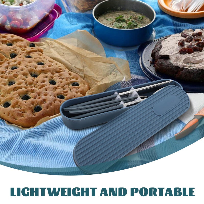 Portable Stainless Steel Utensil Set Fork Spoon Chopsticks Blue Travel Case - Image 4