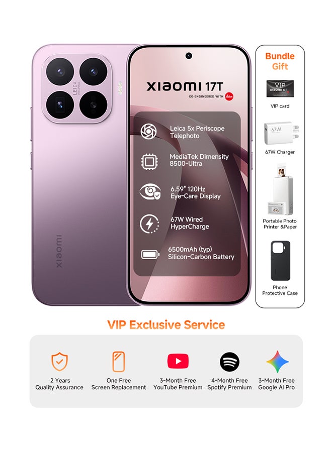 Xiaomi 17T Dual SIM 5G Violet 12GB RAM 512GB + Portable photo printer pro + Sublimation Photo Paper(20) - Global Version - Image 1