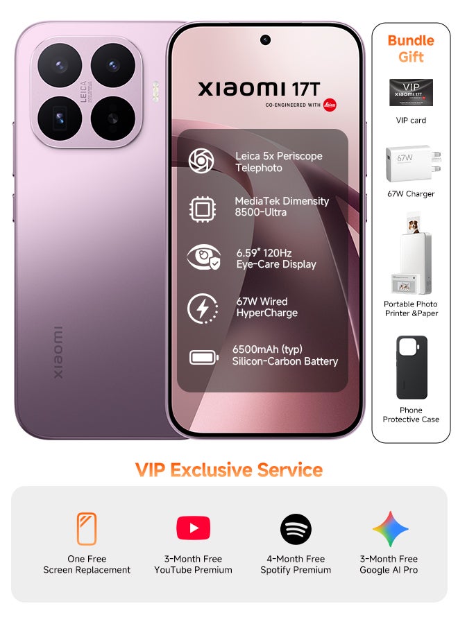 Xiaomi 17T Dual SIM 5G Violet 12GB RAM 512GB + Portable photo printer pro + Sublimation Photo Paper(20) - Global Version - Image 1