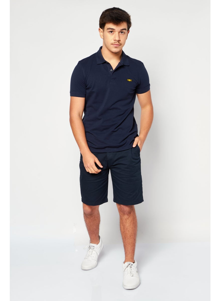 FLYERS - Men Regular Fit Brand Logo Short Sleeve Polo Shirt, Navy Blue - Image 1