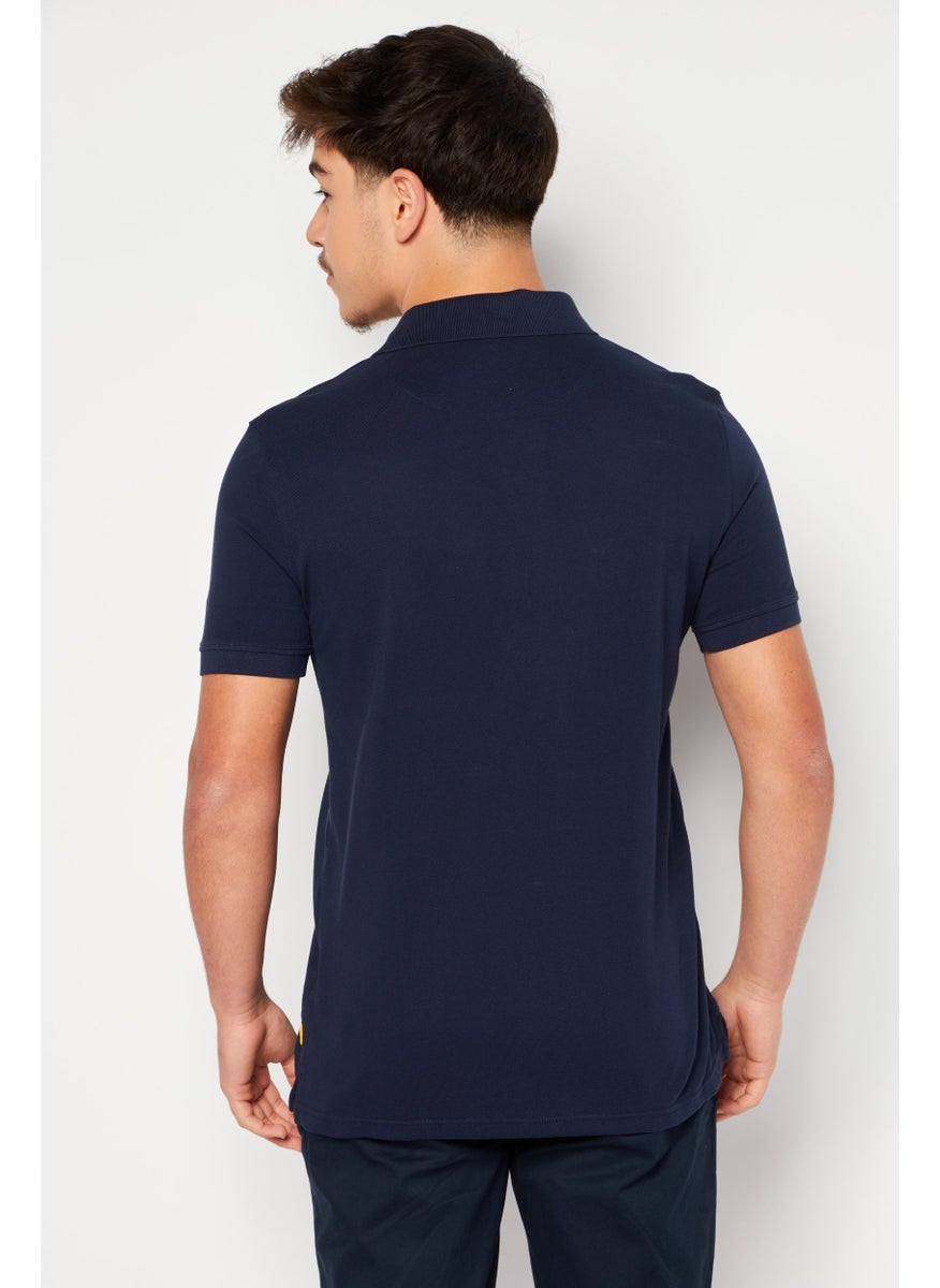FLYERS - Men Regular Fit Brand Logo Short Sleeve Polo Shirt, Navy Blue - Image 1