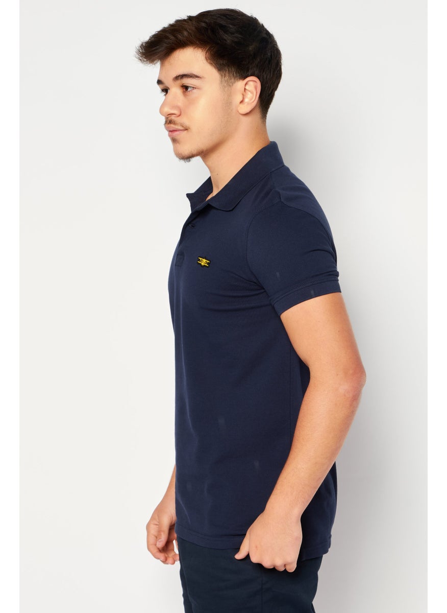FLYERS - Men Regular Fit Brand Logo Short Sleeve Polo Shirt, Navy Blue - Image 1