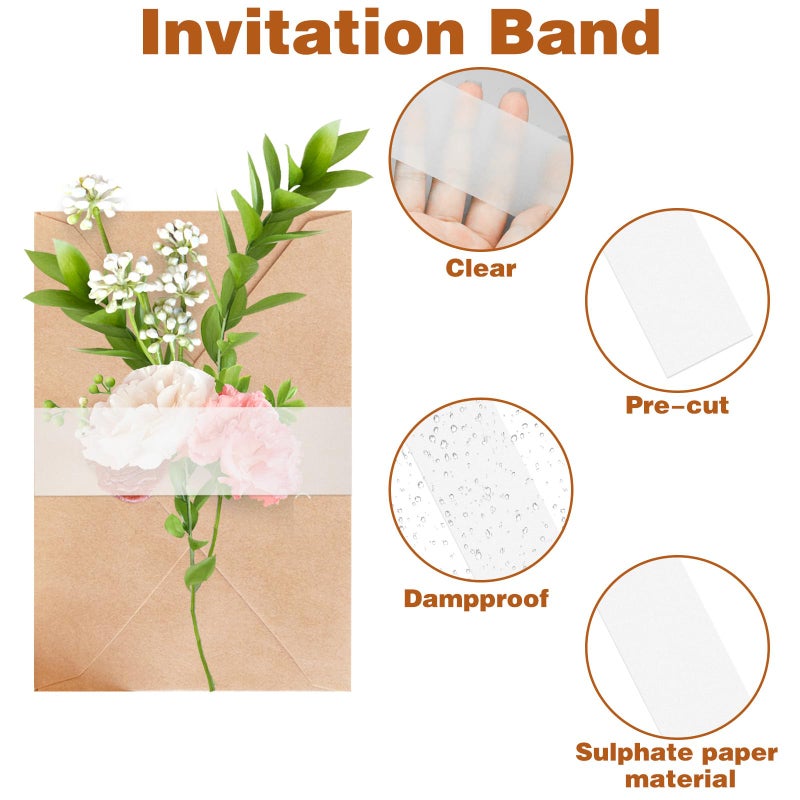 CANIPHA 100Pcs Wedding Invitation Accessories, Clear Invitation Belly Bands Vellum Belly Band for 5x7 Invitations Vellum Paper Belly Bands, Wedding Invitation Card Gift Wraps Liners - Image 3