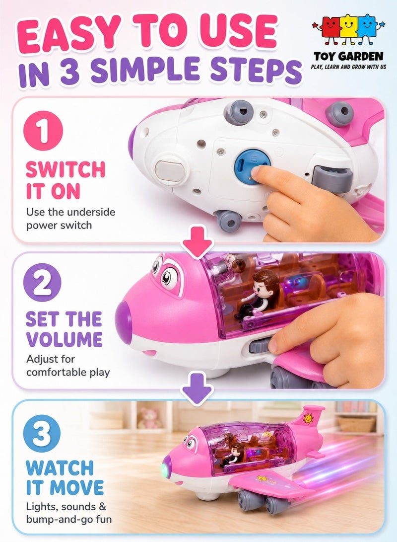 TOY GARDEN Kids Airplane Toy, Pink Toddler Airplane Toys for Girls Colorful Lights Music & Toy Airplane Sounds, 360 Automated Wheels, for Birthday Gifts Toddler Girls Toys 2 3 4 5 6 7-Year-Old Up (PINK) - Image 4