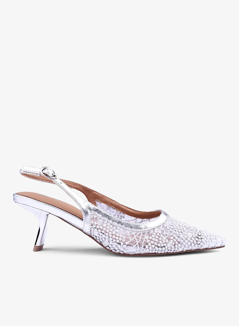 Cuple Womens slingback lacy mesh pattern heeled shoes