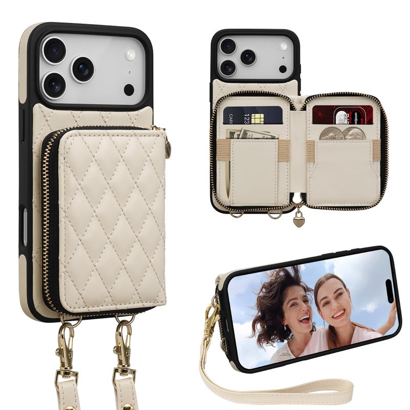 Keallce Case for iPhone 17 Pro Max 6.9'' Wallet Case, Crossbody Zipper Purse with Wrist Strap Lanyard Handbag, RFID Blocking Card Holders, Kickstand Flip Leather Cover for iPhone 17 Pro Max, Beige - Image 1