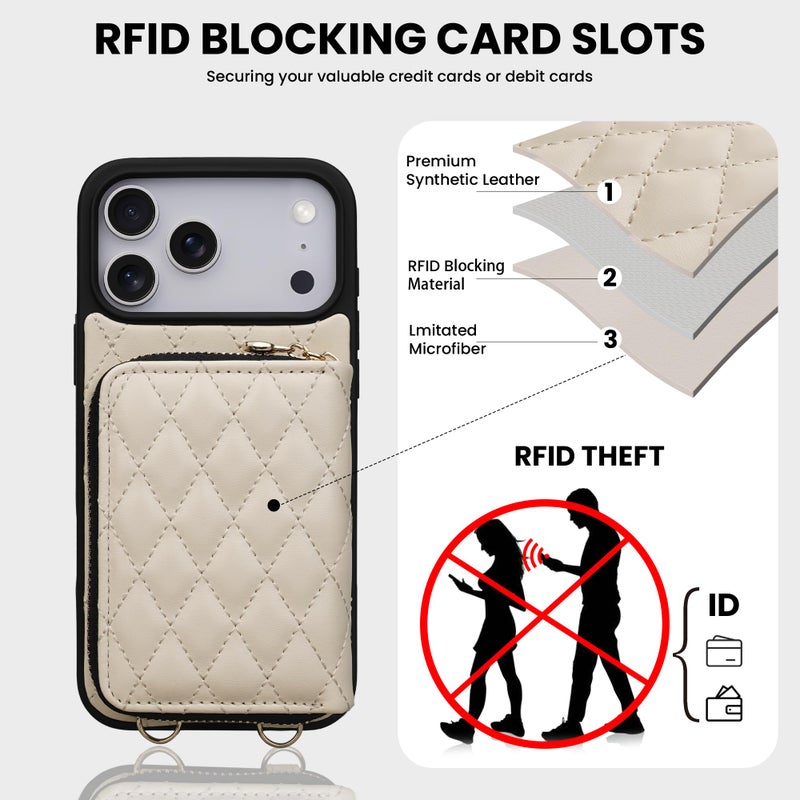 Keallce Case for iPhone 17 Pro Max 6.9'' Wallet Case, Crossbody Zipper Purse with Wrist Strap Lanyard Handbag, RFID Blocking Card Holders, Kickstand Flip Leather Cover for iPhone 17 Pro Max, Beige - Image 4