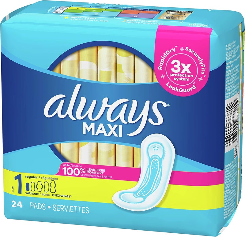 Always Maxi Feminine Pads for Women, Regular Absorbency, 24 Count, No Wings, Unscented - Image 1