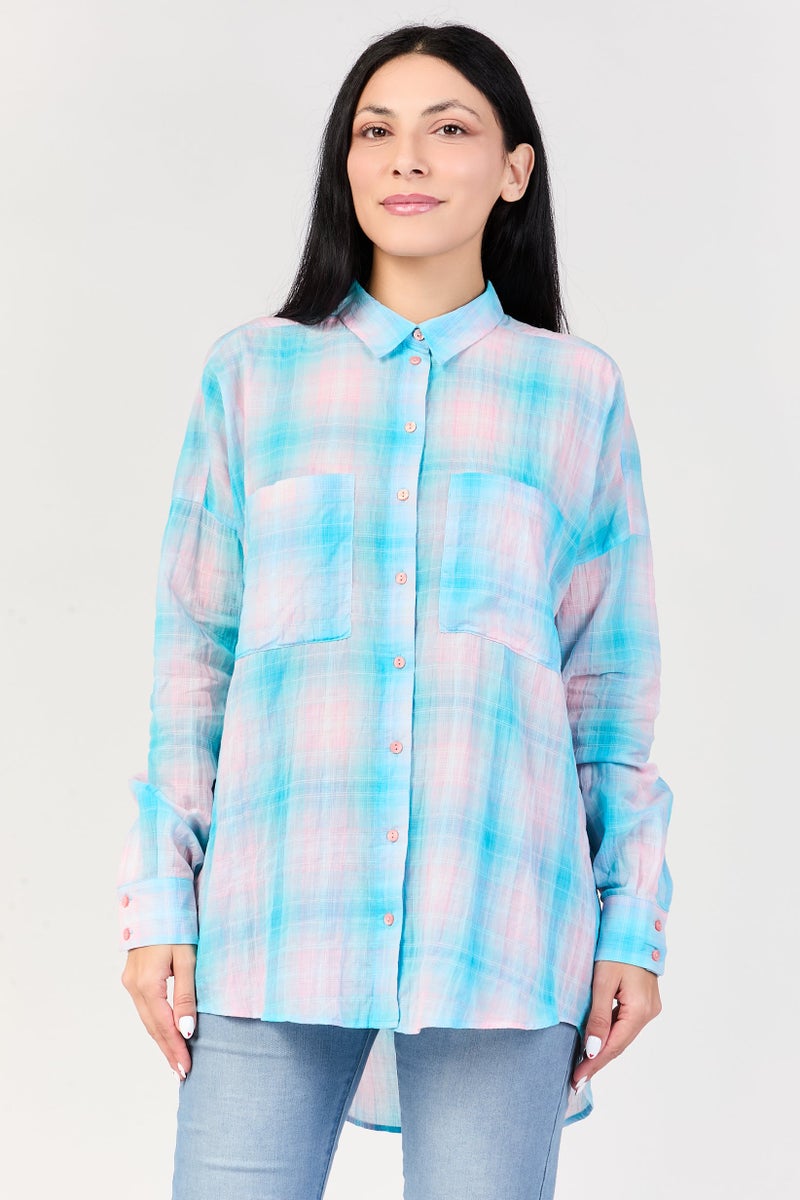 promod Women Spread Collar Long Sleeve Checkered Shirt, Multicolor - Image 1
