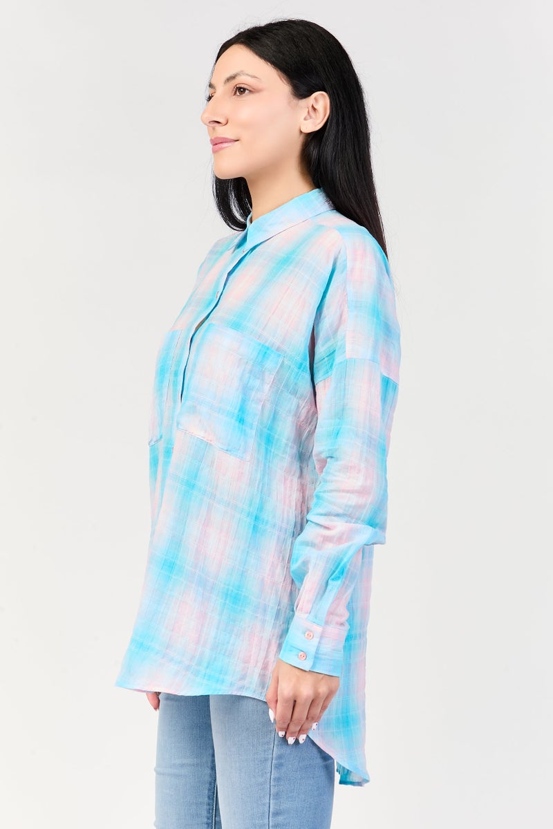 promod Women Spread Collar Long Sleeve Checkered Shirt, Multicolor - Image 3