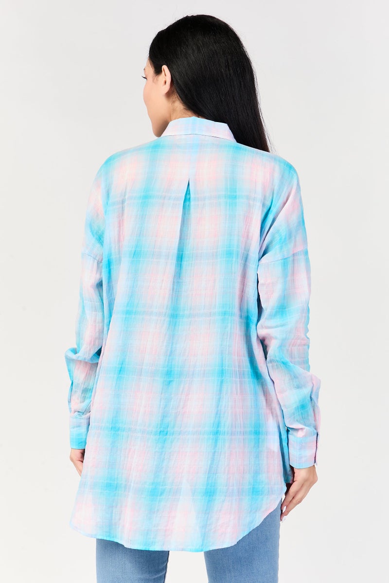 promod Women Spread Collar Long Sleeve Checkered Shirt, Multicolor - Image 2