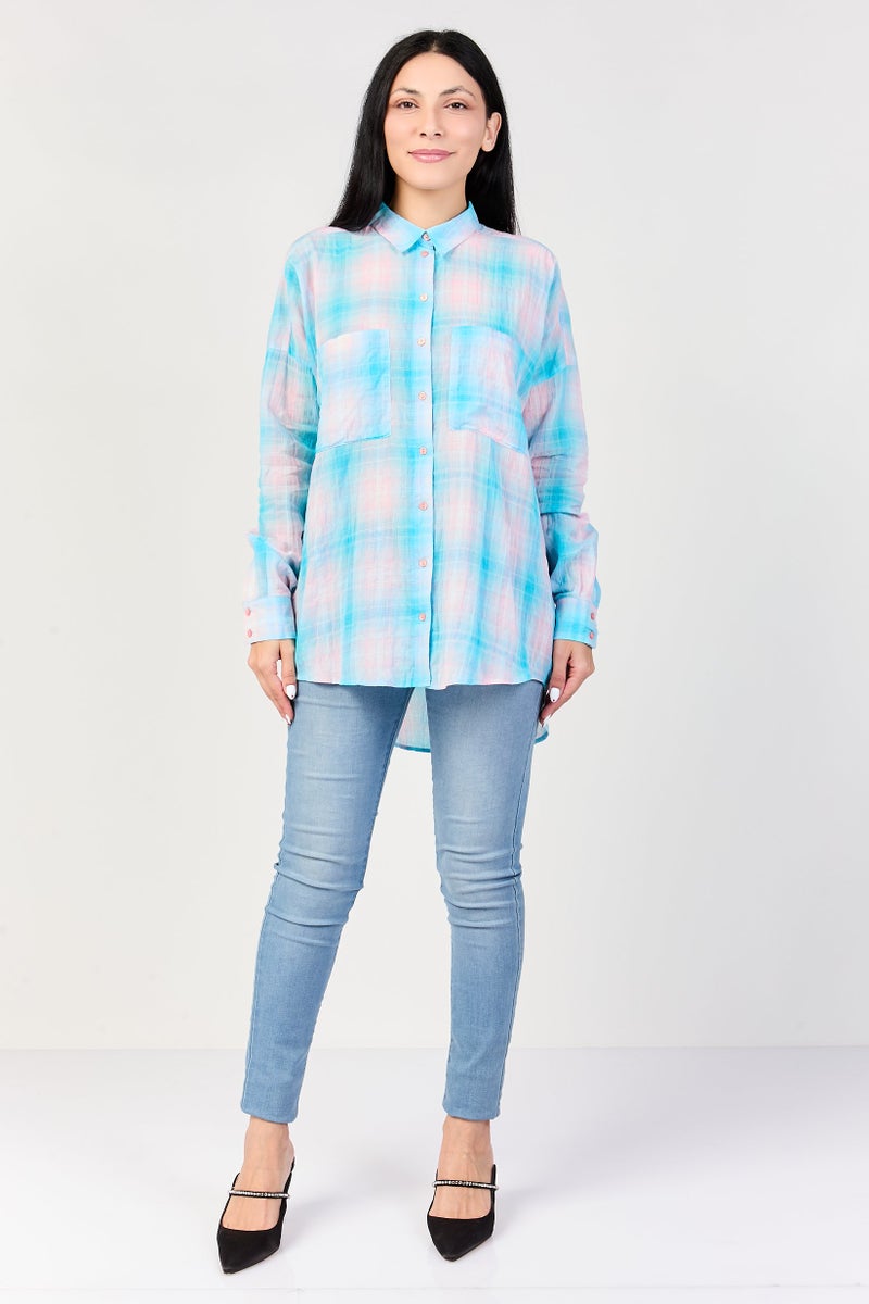 promod Women Spread Collar Long Sleeve Checkered Shirt, Multicolor - Image 2