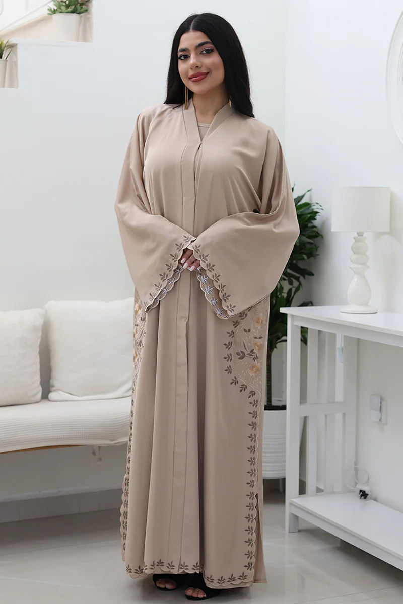 النخبة Beige Embroidered Abaya-763